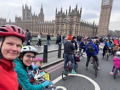 Pictures of the Kiddical mass ride including going over Westminster bridge
