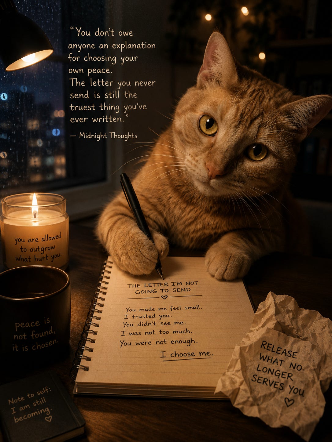 An orange kitty writing in a notebook about Emotional Processing + Closure Work, quotes all around from the article 