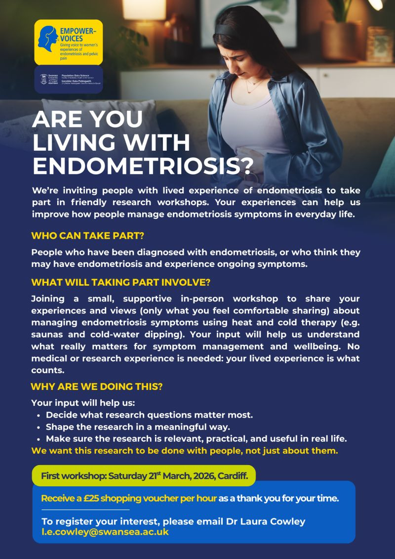 Poster from Swansea University on endometriosis study and it's ask for people to join its patient panel