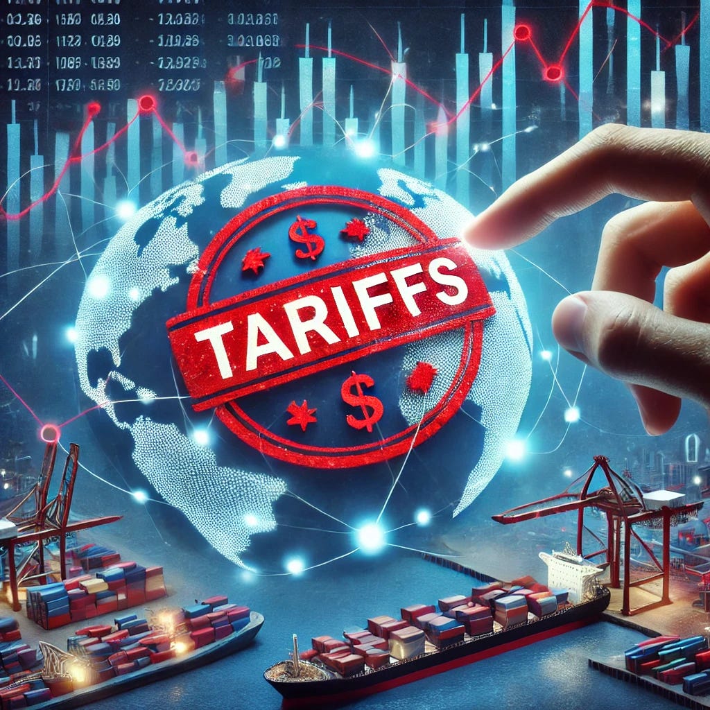 A conceptual illustration of macroeconomic risks from tariffs impacting the stock market. The image shows a large, red 'TARIFFS' stamp being placed on a global trade network, with stock market charts in the background sharply declining. Factories, cargo ships, and trade symbols (like shipping containers and currency exchange rates) are disrupted, symbolizing economic instability. The colors red and dark blue dominate, representing financial risk and uncertainty.