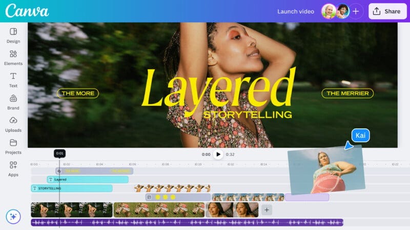 A Canva video editor screen showing a project titled "Layered Storytelling" with a woman posing outdoors as the main image. Below, video editing tools, timelines, and a small photo of another woman holding a ball are visible. A Canva video editor screen showing a project titled "Layered Storytelling" with a woman posing outdoors as the main image. Below, video editing tools, timelines, and a small photo of another woman holding a ball are visible.