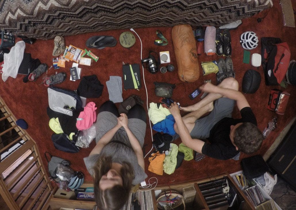 Whaaaat shall we bring for 3.5 months of biking, camping, and looking hawt in cafes? Can't believe all this stuff fits in four panniers!