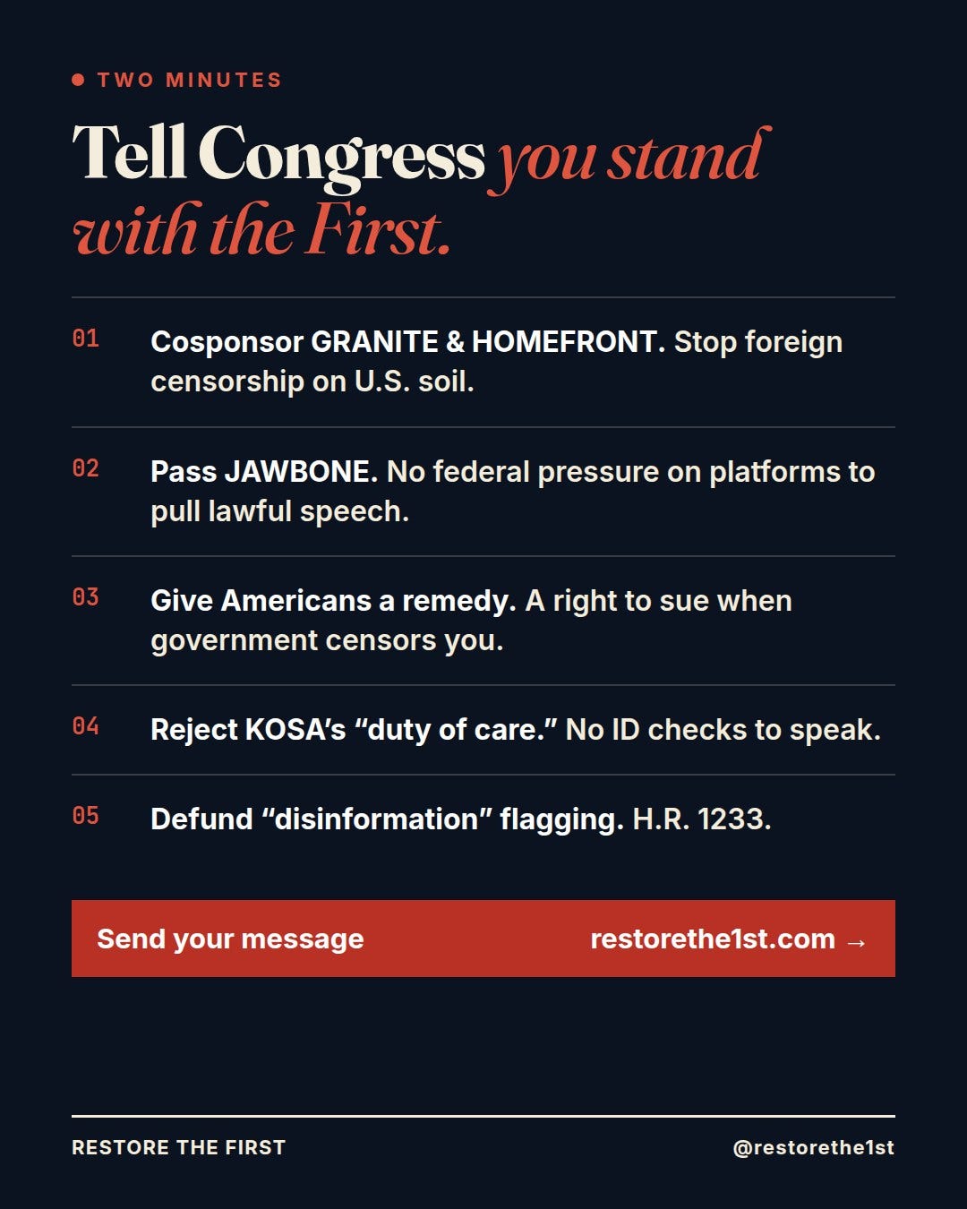 Tell Congress you stand with the First: five asks. Tell Congress you stand with the First: five asks.