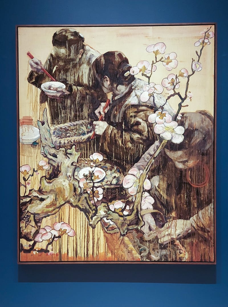 a slightly abstract painting of three Chinese farmworkers sharing a meal beneath the flowering branch of a plum tree