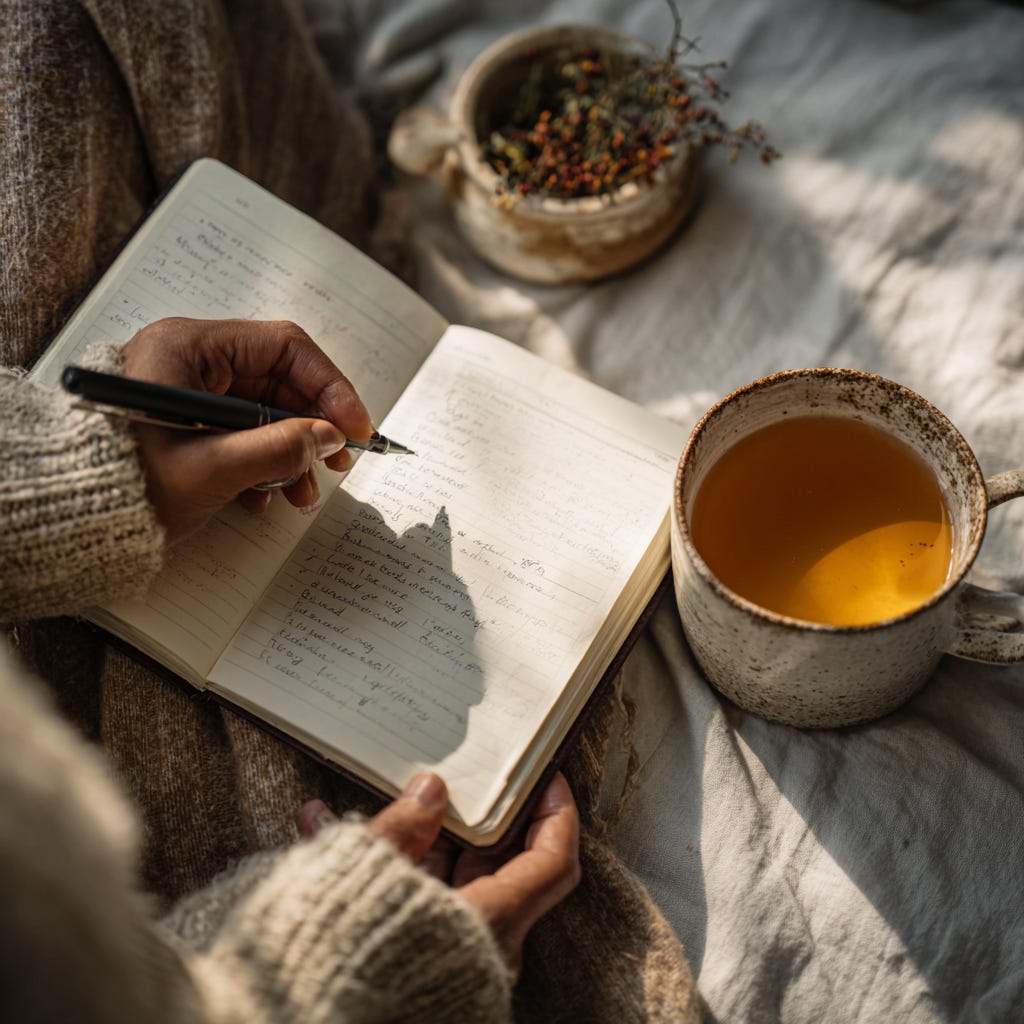 An overhead shot of hands mid-writing in the Food & Mood Tracker, with a mug of tea. Warm, natural lighting, neutral background--so it feels intimate and lived-in.