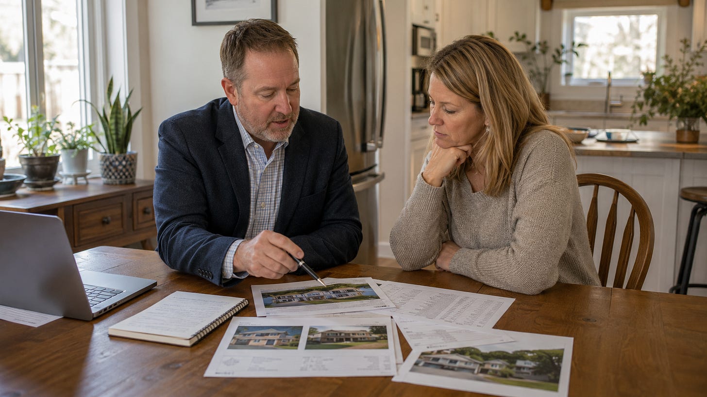 A real estate agent and homeowner sit at a kitchen table reviewing showing reports, comparable homes, and a property listing after deciding to change the asking price. A real estate agent and homeowner sit at a kitchen table reviewing showing reports, comparable homes, and a property listing after deciding to change the asking price.
