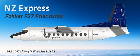 A selection of aircraft types that were formerly operated as part of the NZ Express fleet and/or its predecessor carriers: (1) Ford Trimotor, (2) Douglas DC-3, (3) Fokker F27 Friendship, (4) Hawker Siddeley HS 748, (5) British Aerospace BAe 146, (6) Fokker F28 Fellowship, (7) McDonnell Douglas DC-9-10, (8) de Havilland DHC-3 Otter, and (9) Pilatus PC-12 - all seen in side view in their respective liveries while in midflight.