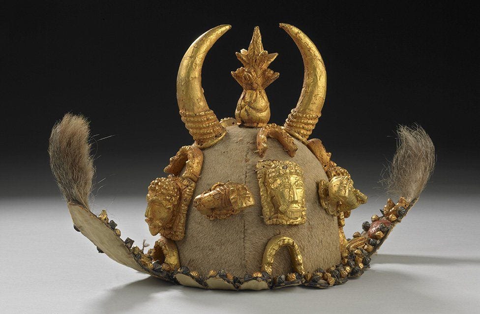 A ceremonial cap, known as a denkyemke, taken by British forces from the Ashanti kingdom in the 19th Century A ceremonial cap, known as a denkyemke, taken by British forces from the Ashanti kingdom in the 19th Century