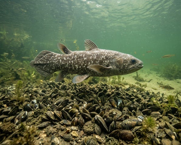 Artist's impression of how a coelacanth would have looked swimming above a bed of mussels at Roundhay Park 320 million years ago. Credit Ru Smith Artist's impression of how a coelacanth would have looked swimming above a bed of mussels at Roundhay Park 320 million years ago. Credit Ru Smith