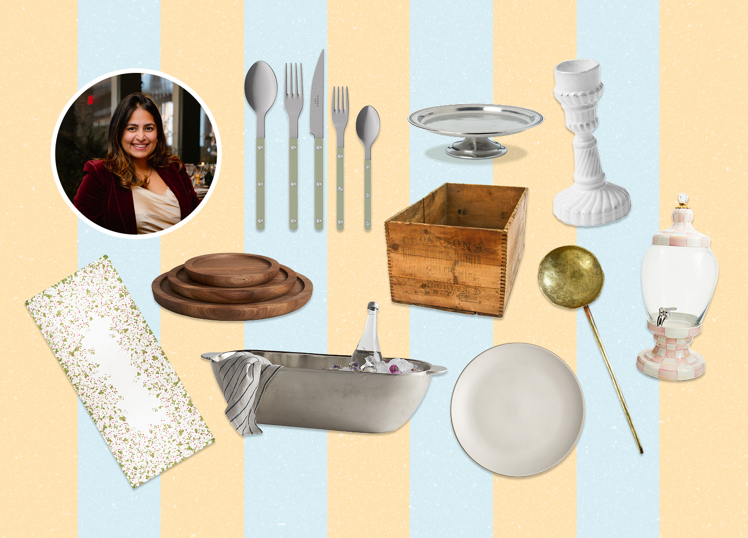 A collage of hosting essentials like silverware and an ice bucket, featuring a photograph of the author, Jasmin Wala, against a yellow and blue striped background