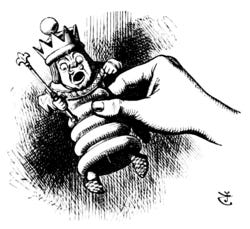 Girl's hand holding a chess piece, which is pulling horrified faces at being pulled through the air by an invisible hand