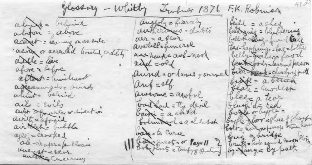 Pagina di appunti in cui Bram Stoker si annota parole del dialetto di Whitby per usarle poi nel suo romanzo Dracula.
