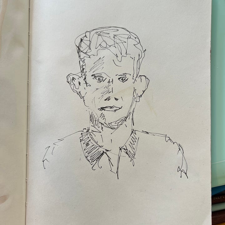 Four images, two with pen, and two with paint, of a self-portrait by the author.
