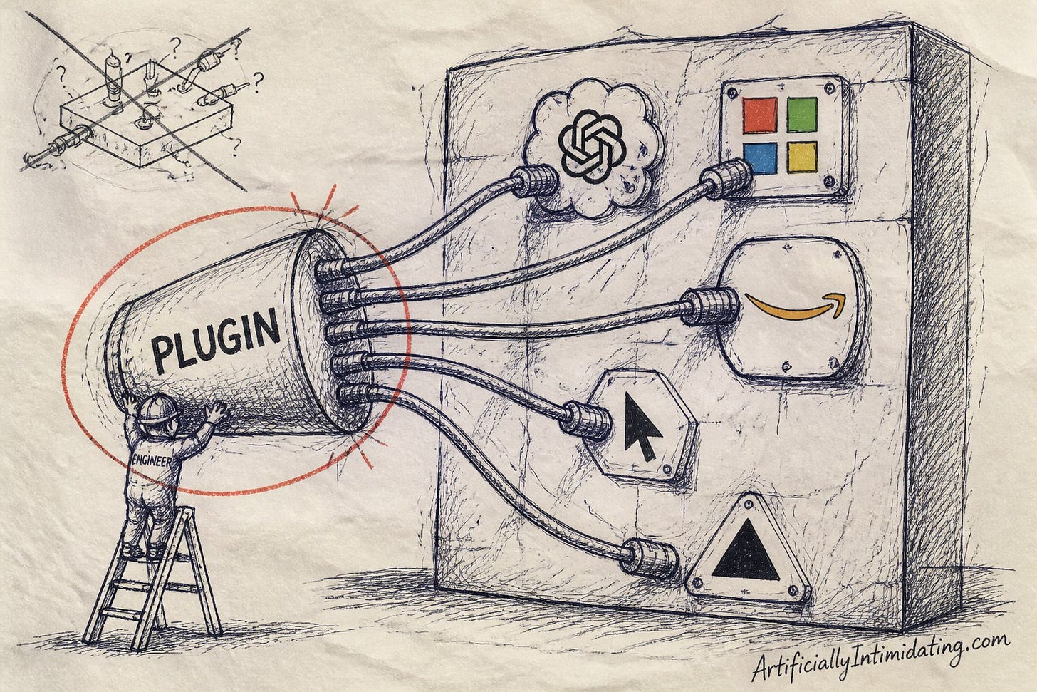 Editorial cartoon: one enormous plug labeled PLUGIN is wired into five differently shaped wall sockets, each stamped with a different tech company mark.