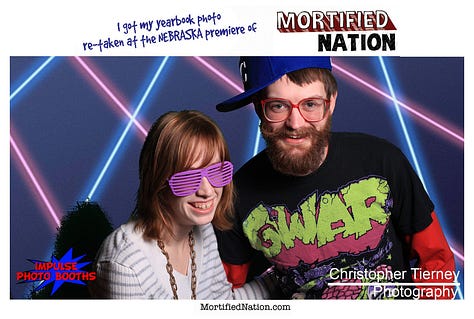 Several images with a laser light background. People wearing 80s hats, scarves, holding Sassy Magazine, or a piccolo, very retro and silly