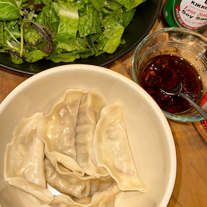 Assembling a dumpling salad