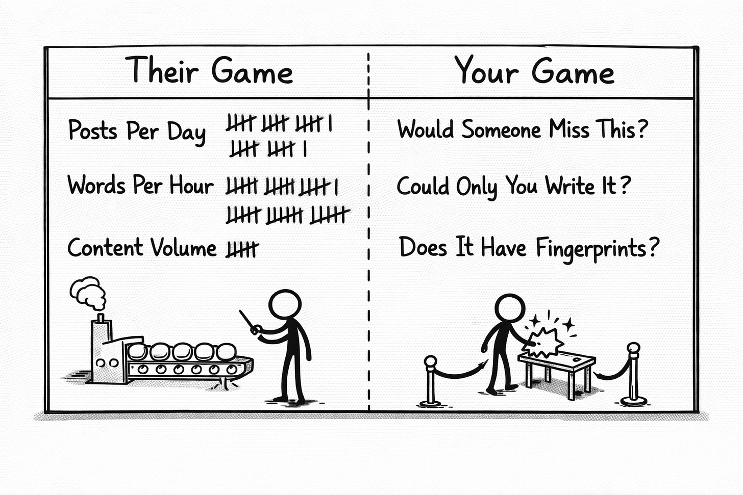 Hand-drawn black marker scoreboard split into two columns. Left side titled “Their Game” lists metrics like “Posts Per Day,” “Words Per Hour,” and “Content Volume,” with tally marks and a factory conveyor producing identical circles. Right side titled “Your Game” lists questions like “Would Someone Miss This?” “Could Only You Write It?” and “Does It Have Fingerprints?” with a single stick figure crafting one unique object. Illustrates that AI content success is about distinctiveness, not volume.