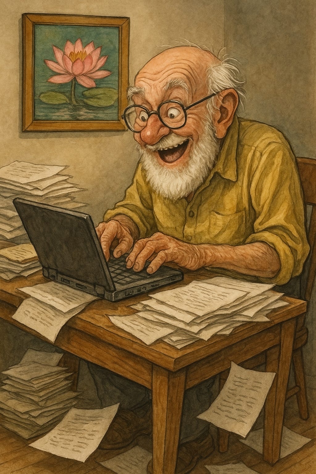 Cartoonish image of an old man with a white beard smiling and typing on a laptop computer