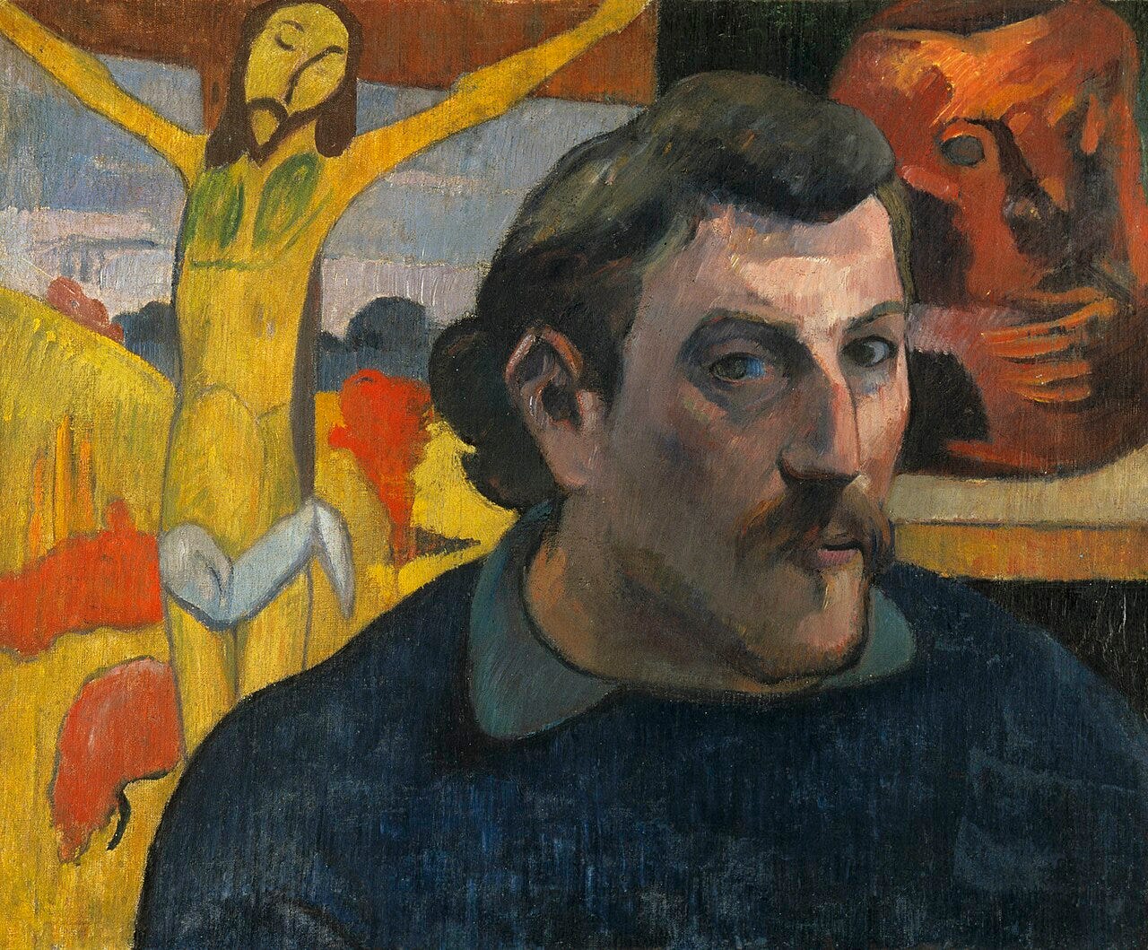 Gauguin self portrait set between his Yellow Christ and a ceramic head.