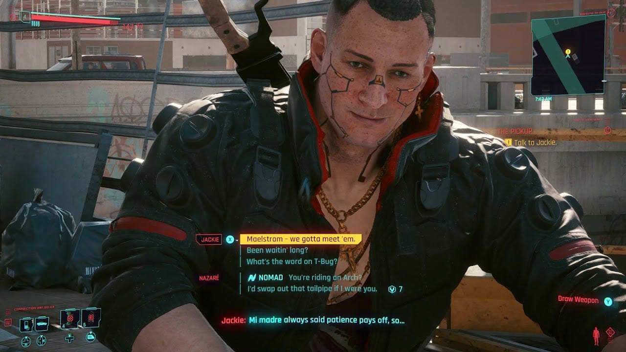 A cyborg man with several dialog choices available