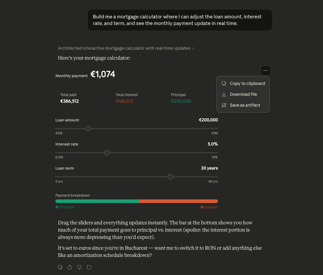 Claude inline visualizer showing an interactive mortgage calculator with adjustable sliders for loan amount, interest rate, and loan term, with a menu showing options to copy, download, or save as artifact
