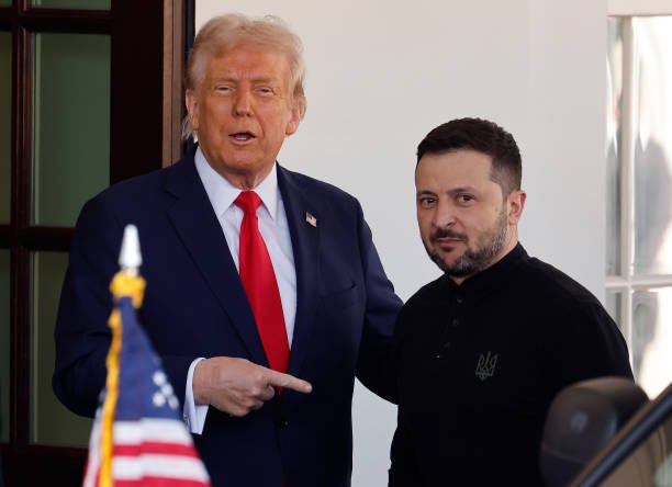 President Donald Trump greets Ukrainian President Volodymyr Zelensky as he arrives at the White House on February 28, 2025 in Washington, DC. Trump...