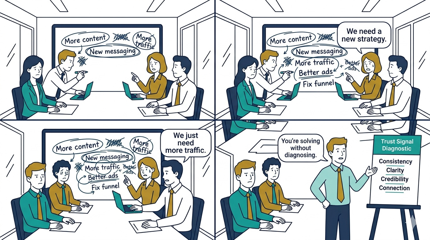 A four-panel cartoon showing a marketing team trying tactics like more content, traffic, and ads, while an analyst explains they are fixing visible issues instead of diagnosing underlying trust signals such as consistency, clarity, credibility, and connection. A four-panel cartoon showing a marketing team trying tactics like more content, traffic, and ads, while an analyst explains they are fixing visible issues instead of diagnosing underlying trust signals such as consistency, clarity, credibility, and connection.
