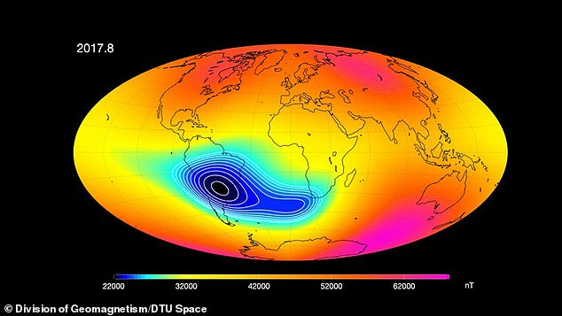 A large region of reduced magnetic intensity has been observed between Africa and South America, called the South Atlantic Anomaly (blue), and it has formed a center of minimum intensity in just five years
