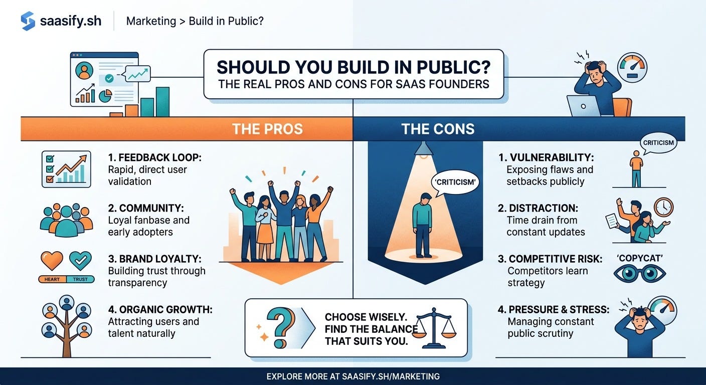 Infographic showing the pros and cons of building in public for SaaS founders, including feedback, community, risk, and pressure.