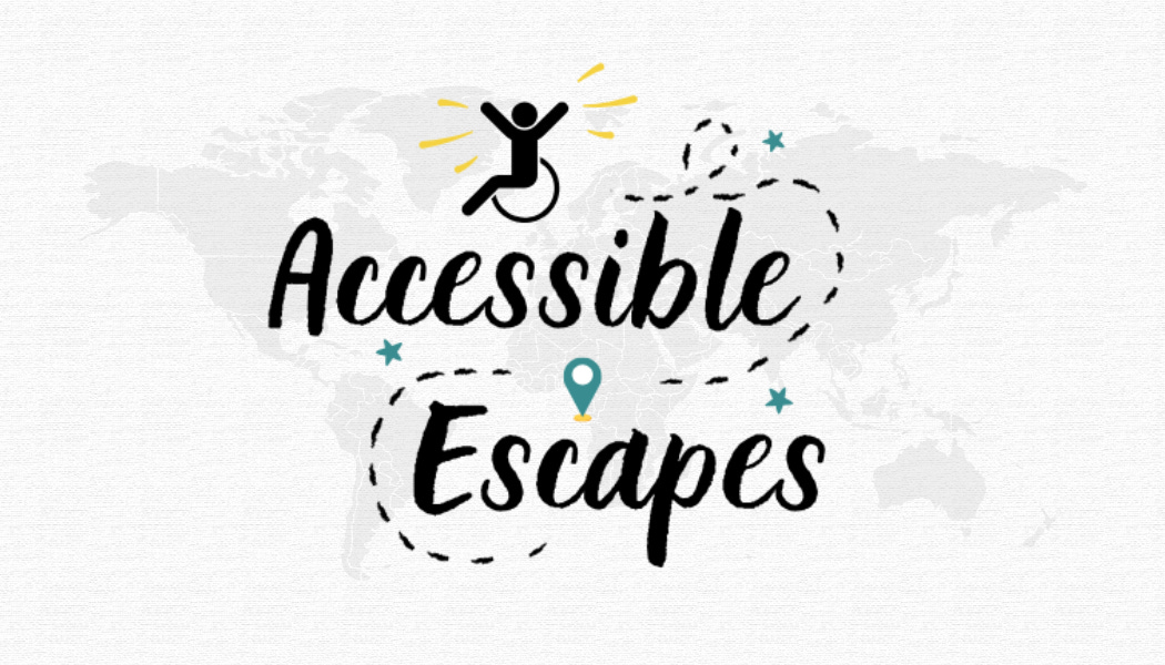 The words "Accessible Escapes" with a dotted path going around the letters and leading to a stick figure in a wheelchair with its hands raised and yellow accent lines indicating excitement. An image of the world map is behind the words blending into the white background