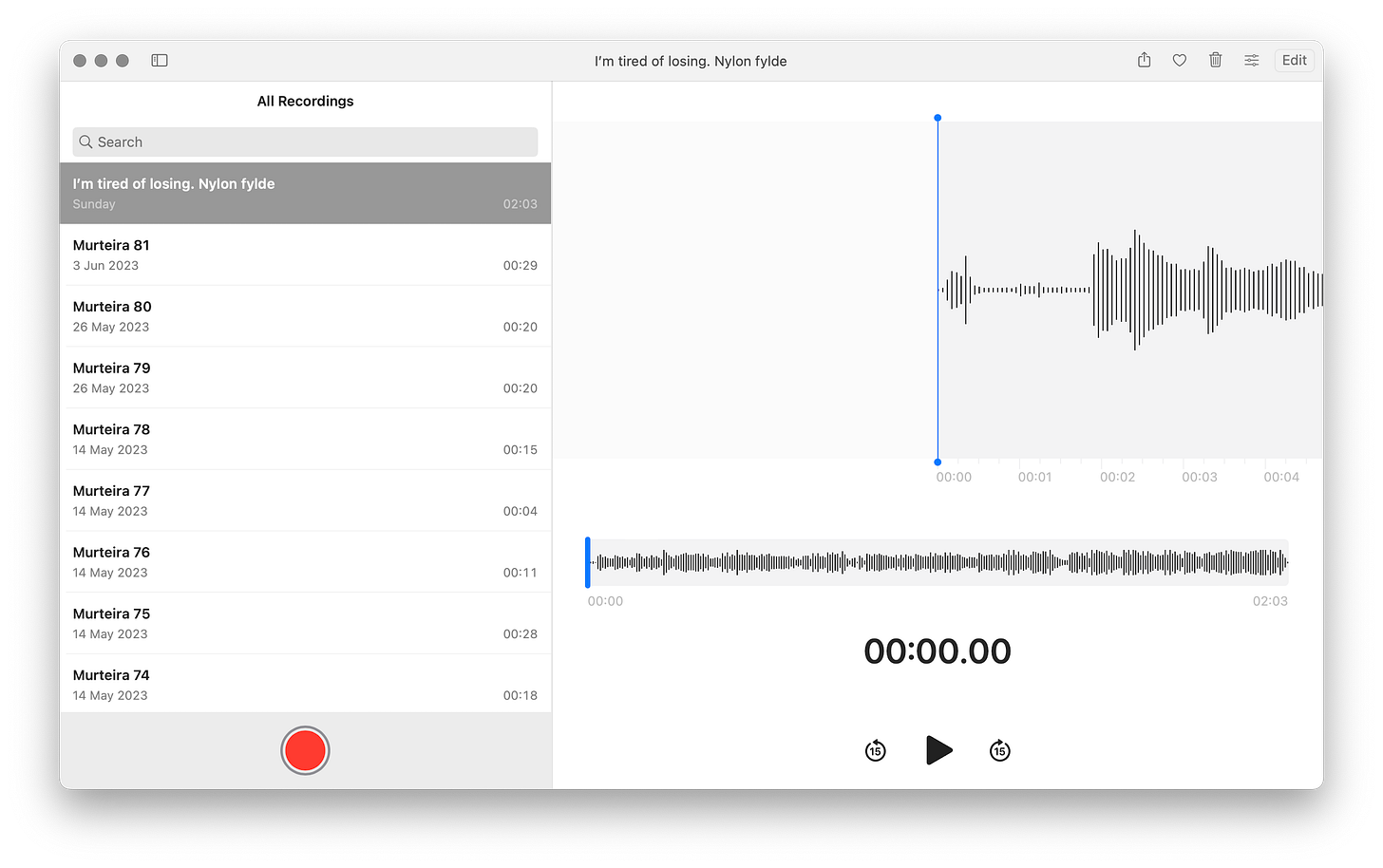 Screenshot of Apple Voice Memos showing a lot of clips