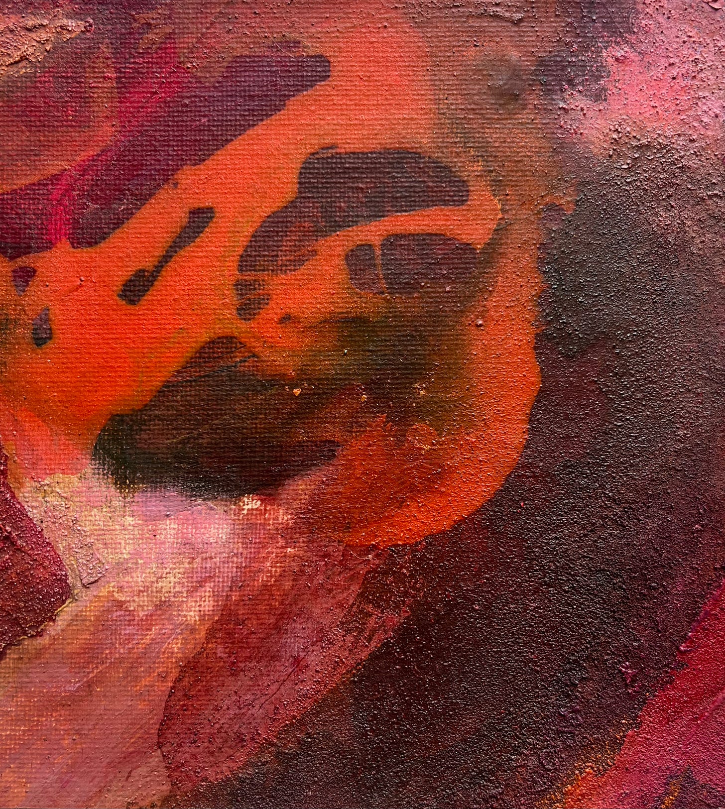 Small square piece of torn canvas featuring soft earth-toned abstract layers, marks, and stains—an emotional fragment titled Sacred Offering, created from a moment of destruction and renewal.