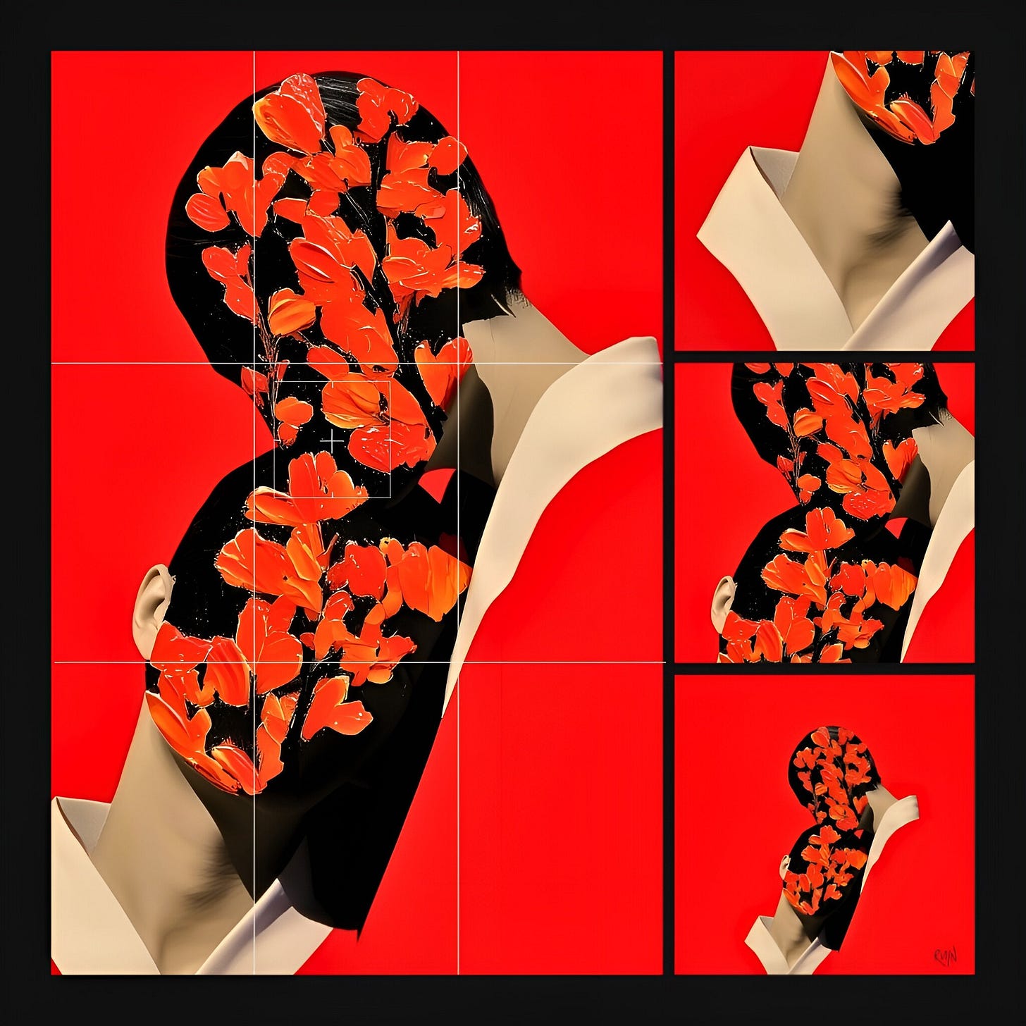 Against a red background, two figures in red kimonos with white collars are merged in a heavy, weighted lean. One figure sits facing us, their left side resting entirely against the torso of the second figure, who stands facing them. The standing figure bows deeply, resting their mouth against the crown of the seated figure's head. Both faces are obscured by black shadows and blooming orange-red flowers. A white camera grid and three right-hand panels crop the textures and form.