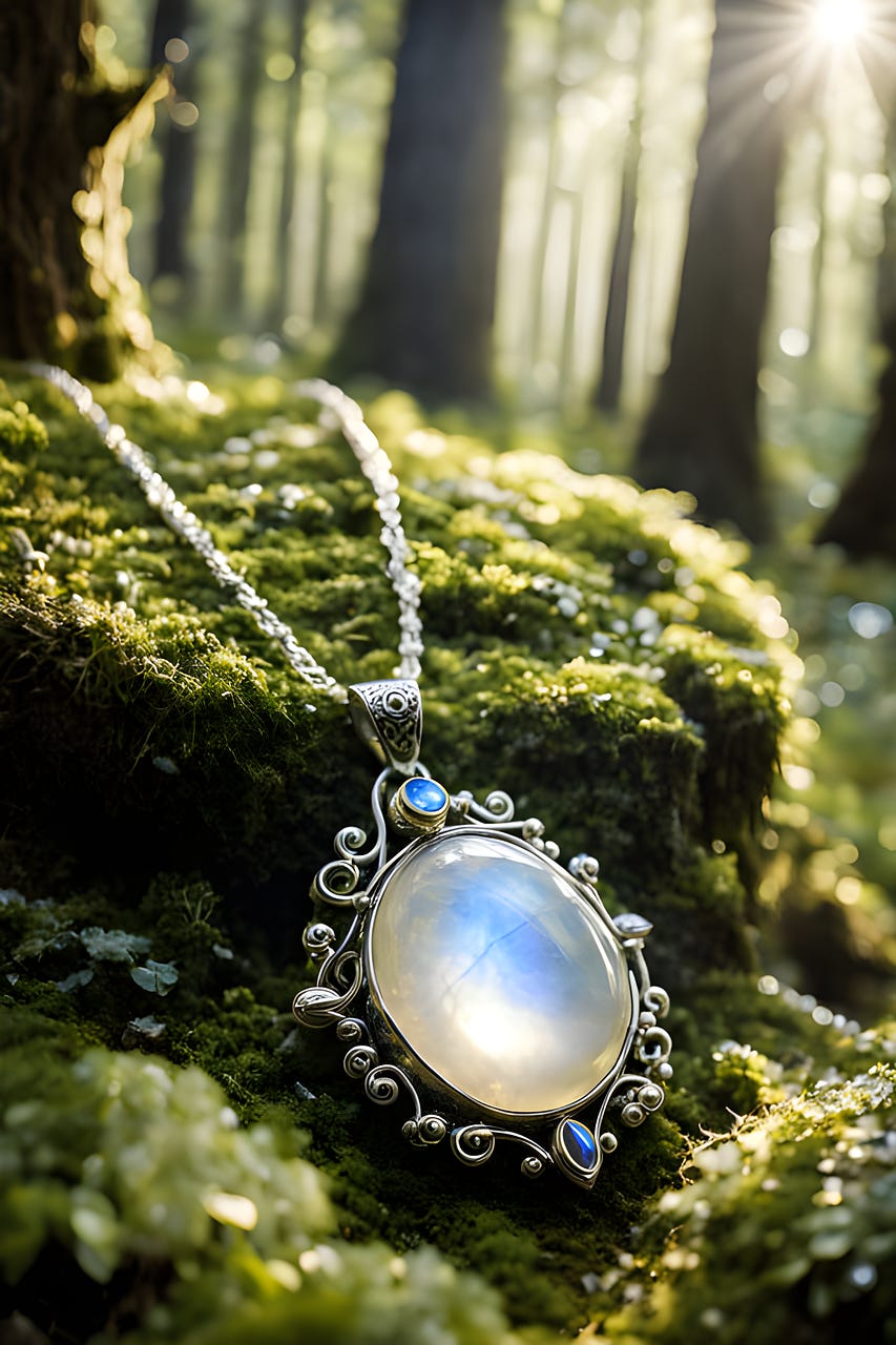 moonstone pendant against moss with sunlight 