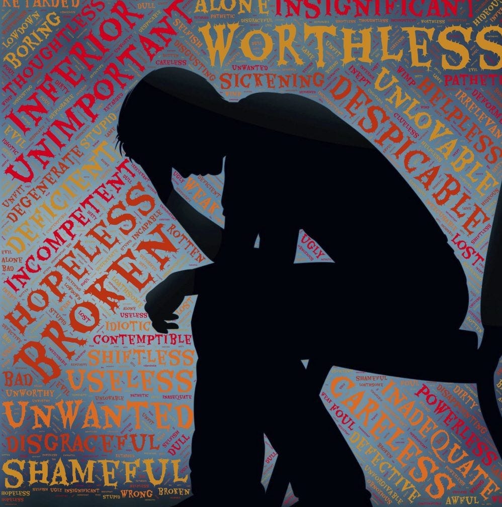 Silhouette of a hunched man surrounded by words of negative self-talk Silhouette of a hunched man surrounded by words of negative self-talk