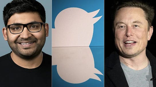 Split image of Parag Agrawal and Elon Musk with Twitter logo between them. Split image of Parag Agrawal and Elon Musk with Twitter logo between them.