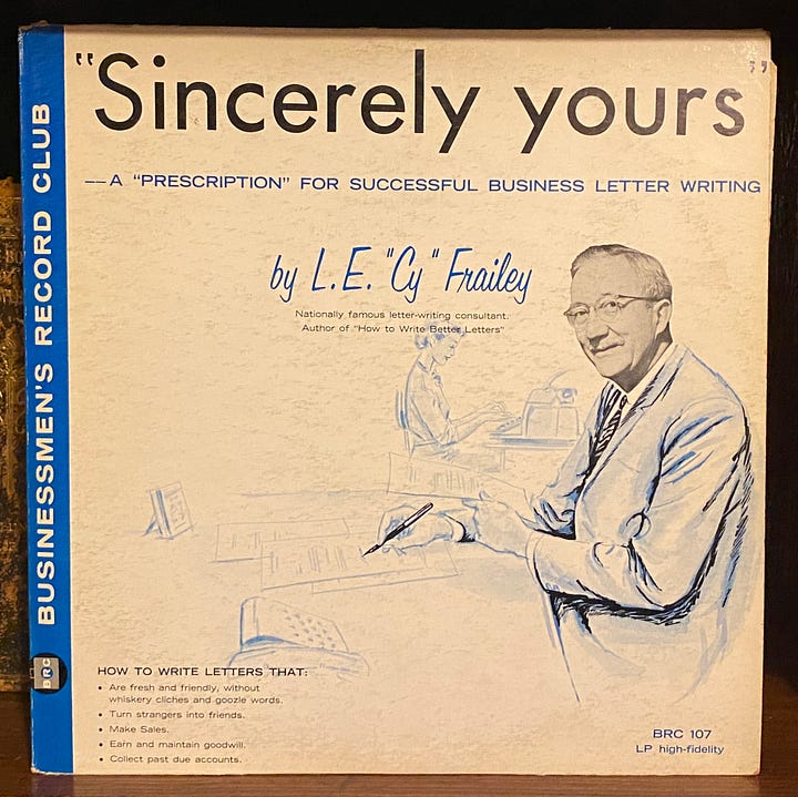 front and back cover of the instructional record Sincerely Yours by Cy Frailey
