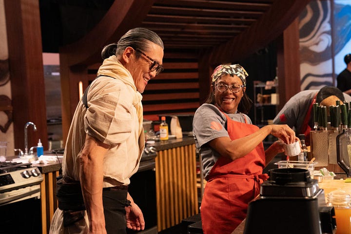 A behind-the-scenes look at Season 2 of Morimoto’s Sushi Master: A group photo of all the contestants standing proudly in the competition kitchen, ready to showcase their skills, followed by a moment with Chef Marisa Baggett standing beside Iron Chef Masaharu Morimoto, reflecting the excitement and anticipation of the season.