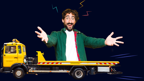 Manic looking man on a tow truck Manic looking man on a tow truck