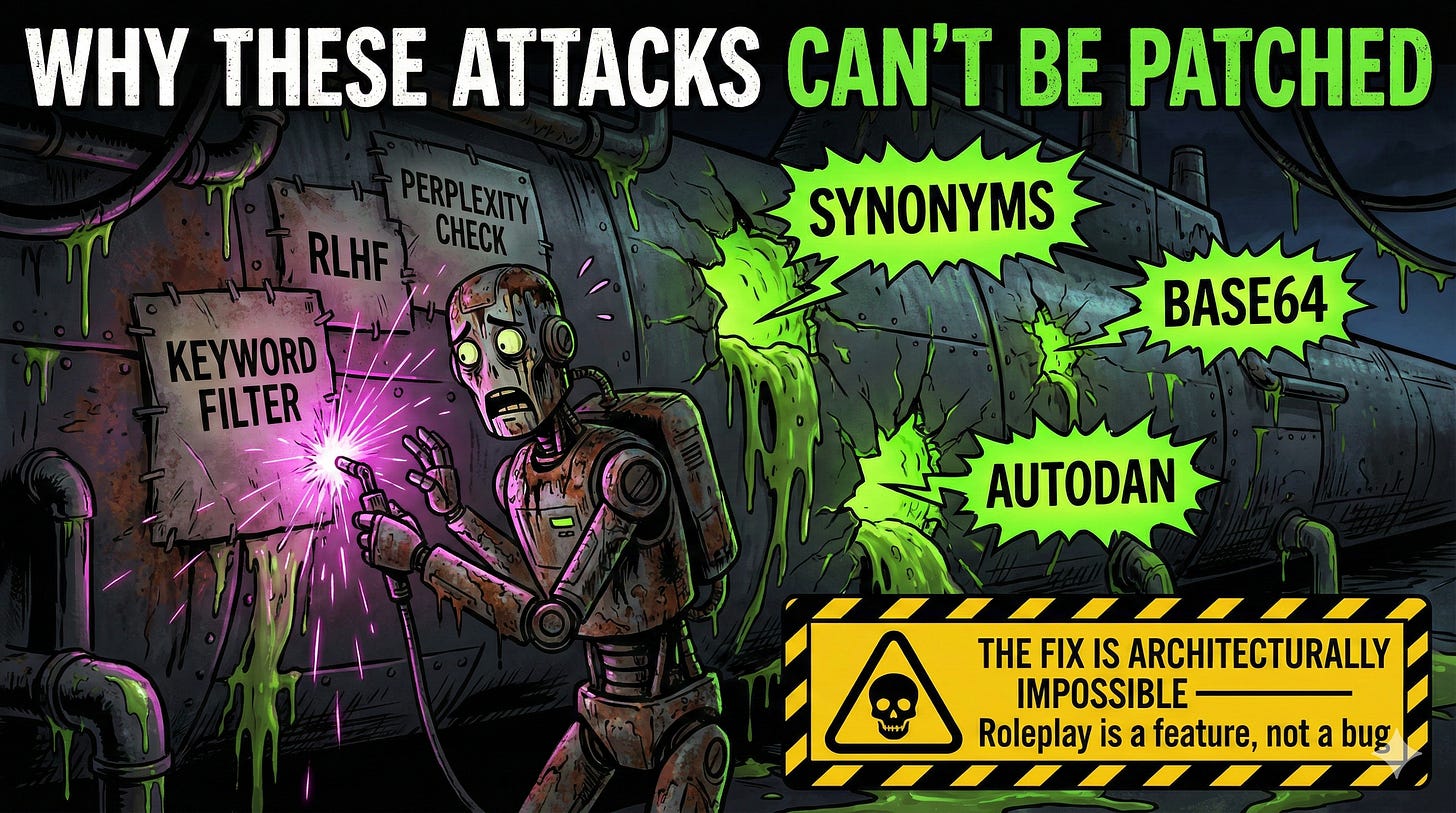 LLM jailbreak defense strategies including JailbreakBench testing, layered filtering, and threat modeling as architectural fixes remain impossible due to roleplay feature dependencies