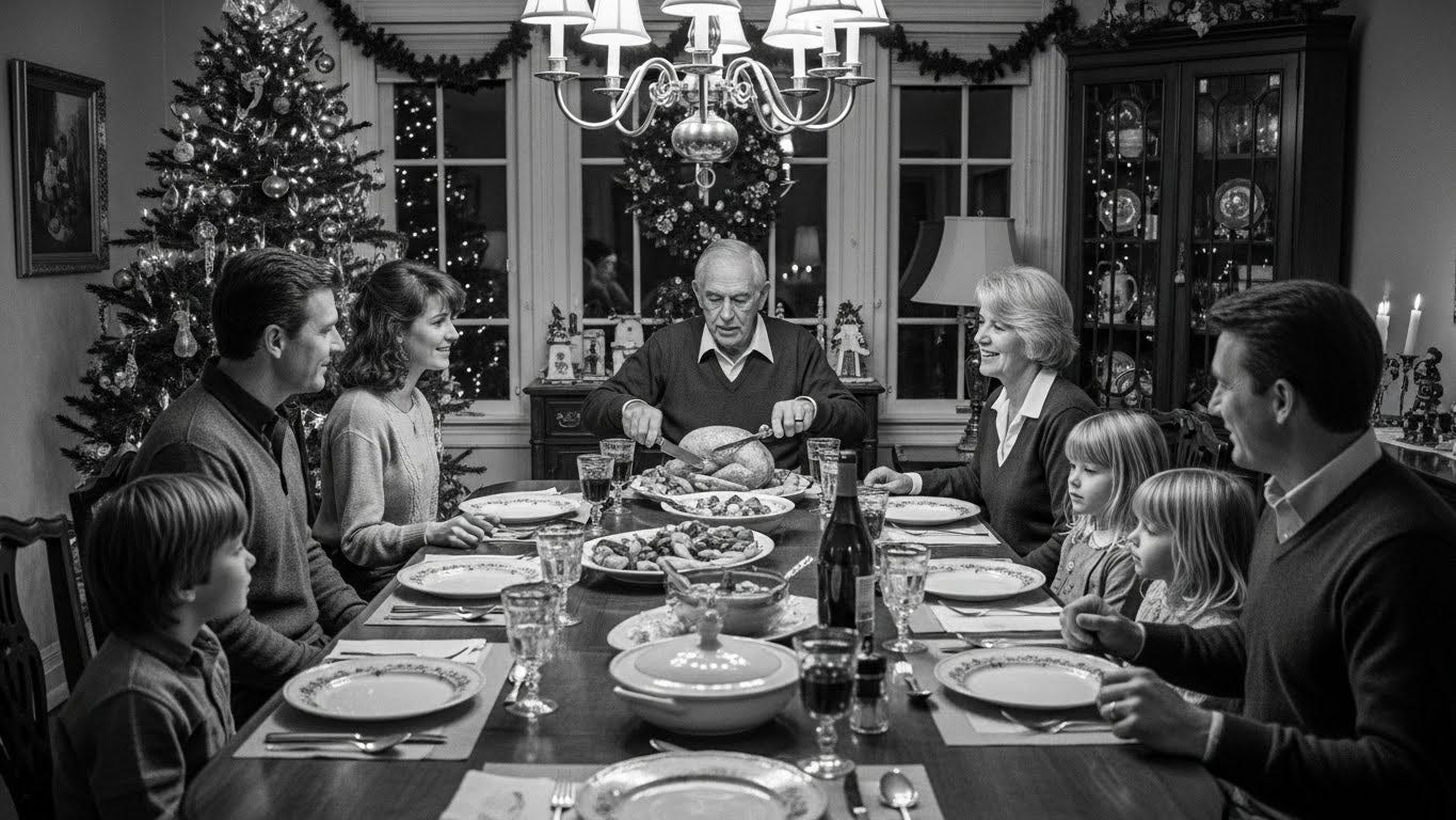 Black-and-white noir photograph of a 1980s Christmas dinner. A grey-haired grandfather sits at the head of a long rectangular dining table carving a turkey, his wife seated to his right. Four adults and three children, one brown-haired boy and two blonde girls, sit around the table with Christmas decorations, a tree, and holiday details filling the room.