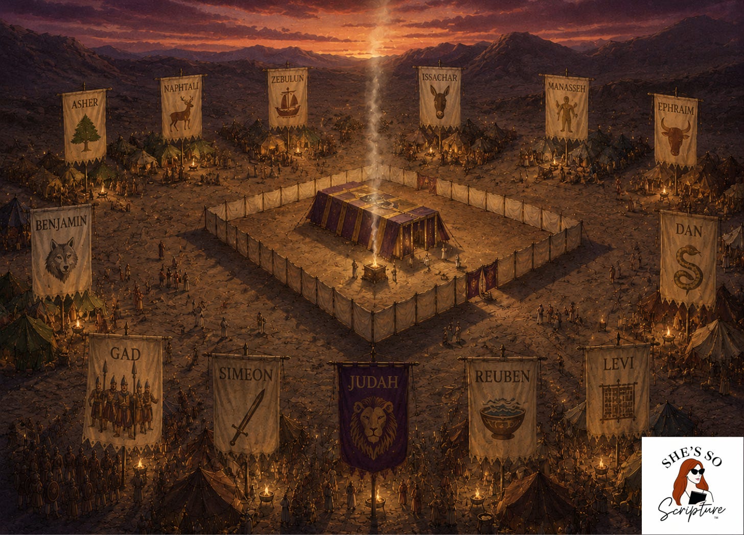 A moody watercolor and ink illustration of an ancient Israelite wilderness camp at twilight, twelve tribal banners arranged in a circle around a glowing central tent, deep plum and gold tones against a blush and cream sky. A moody watercolor and ink illustration of an ancient Israelite wilderness camp at twilight, twelve tribal banners arranged in a circle around a glowing central tent, deep plum and gold tones against a blush and cream sky.