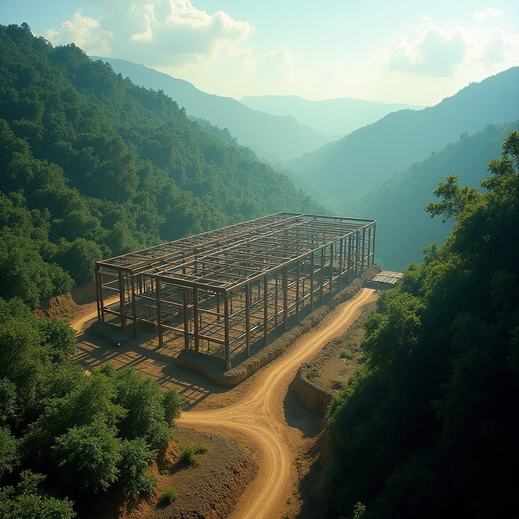 A majestic Jamaican landscape serves as the backdrop for a sweeping cinematic film still, capturing the intricacies of a lightweight steel frame construction site