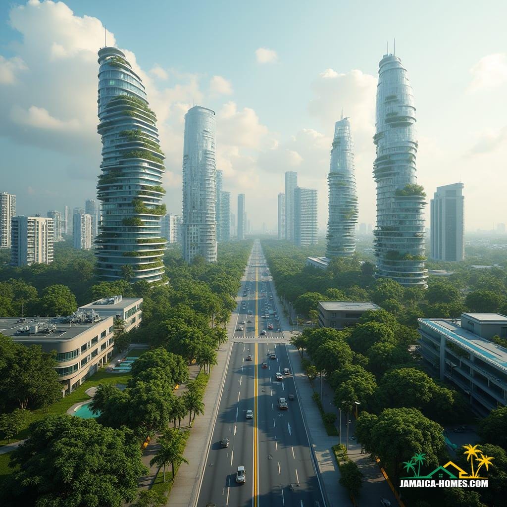 Kingston, Jamaica, 2040: a futuristic, AI-driven smart city skyline with sleek, organic skyscrapers, vertical gardens, and solar glass facades. Streets bustle with autonomous electric vehicles and delivery drones, managed by AI-smart traffic systems. Buildings boast green roofs, wind micro-turbines, and climate-resilient materials. Public spaces feature interactive AI installations, Jamaican cultural digital art, and urban farms. Bioluminescent smart streetlights complement natural daylight. Oceanfront areas include floating platforms and adaptive seawalls. Lush tropical greenery intertwines with high-tech infrastructure, blending technology with Caribbean heritage. Cinematic film still, shot on v-raptor XL, film grain, vignette, color graded, post-processed, cinematic lighting, 35mm film, live-action, hyper-detailed cityscape, ultra-realistic textures, vibrant colors, atmospheric, masterpiece, epic, stunning, dramatic.