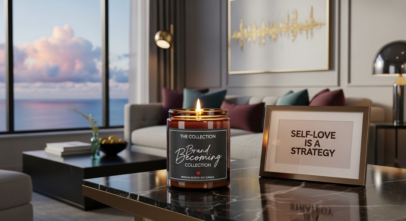 Self-Love is a Strategy reminder on the living room table