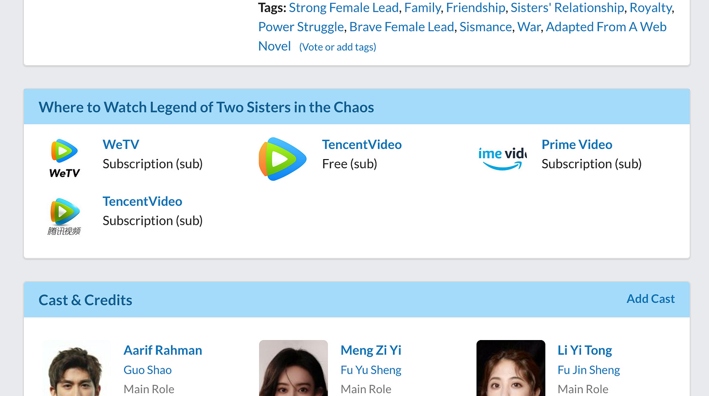 Where to Watch Legend of Two Sisters in the Chaos on MyDramaList