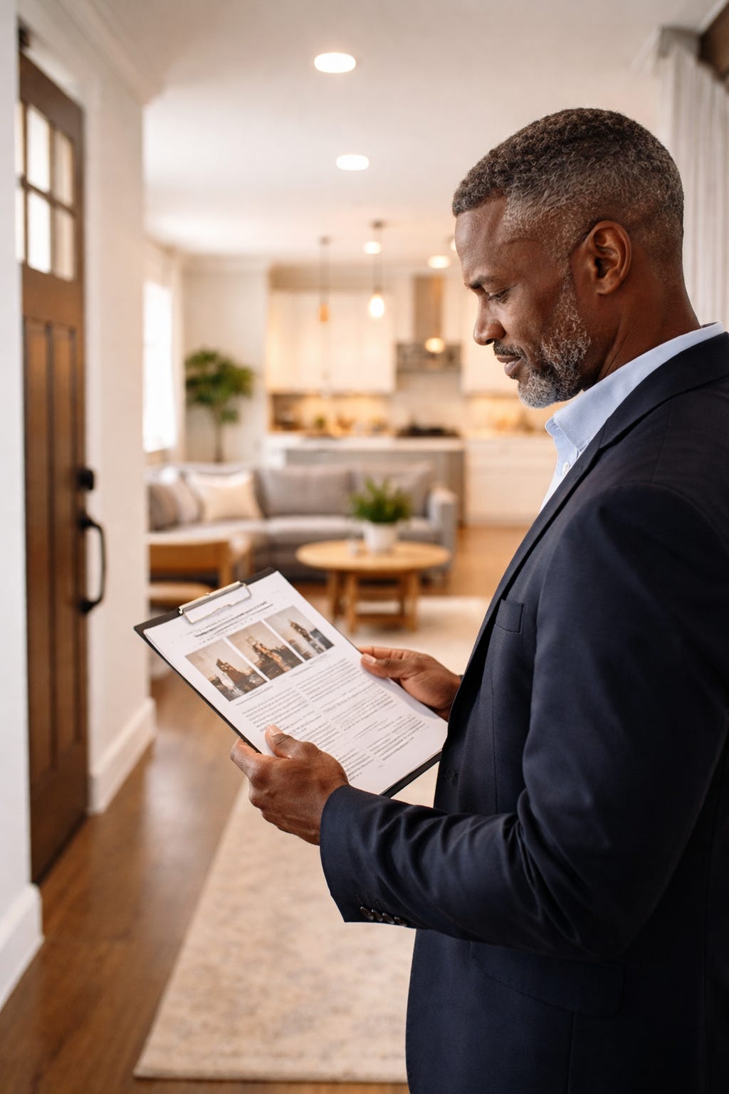 Agent reviewing listing description inside a home with visible room flow from entry to kitchen Agent reviewing listing description inside a home with visible room flow from entry to kitchen