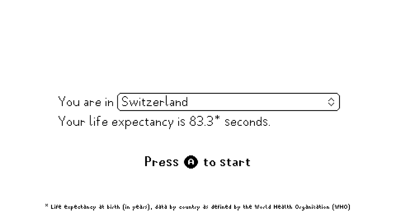 Video game screenshot stating "You are in Switzerland. Your life expectancy is 83.3 seconds"