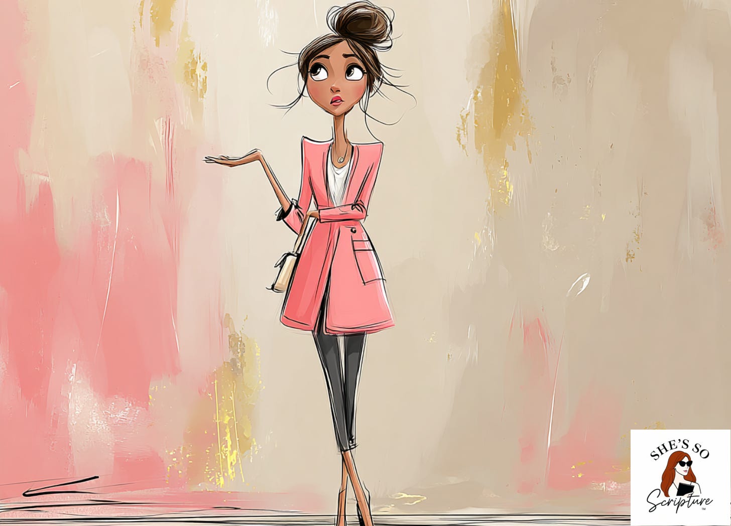 A whimsical ink and watercolor illustration of a woman standing with quiet confidence, one hand open and extended, surrounded by warm golden light in blush pink and cream tones.