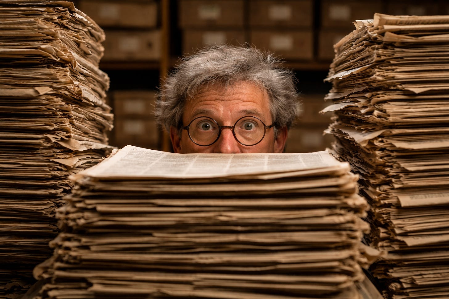 AI generated image of genealogist peeking over stacks of newspapers. AI generated image of genealogist peeking over stacks of newspapers.